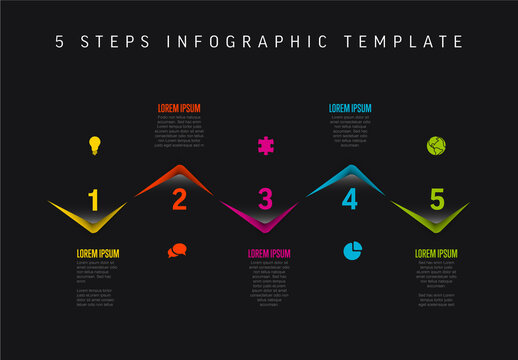 Five horizontal color corner steps elements template with icons on dark background
