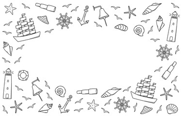 Sea set of elements, doodle icons of sea life. Ship telescope shells, lifebuoy anchor steering wheel bull, lighthouse and seagulls. Vector illustration, symbols of sailors or pirates.