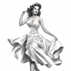 Fototapeta premium Adorable Pin-Up Girl in Beautiful Dress and High Heels on White Background