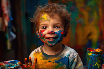 happy child playing with paint. Generative AI illustration.