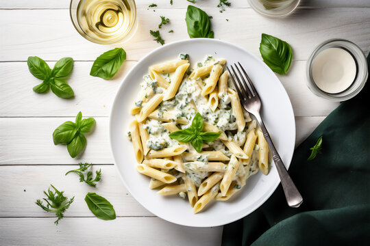 penne with spinach gorgonzola sauce top view on the white table, generativ ai