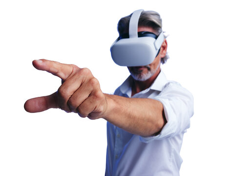 Businessman with a virtual reality headset isolated on a transparent background