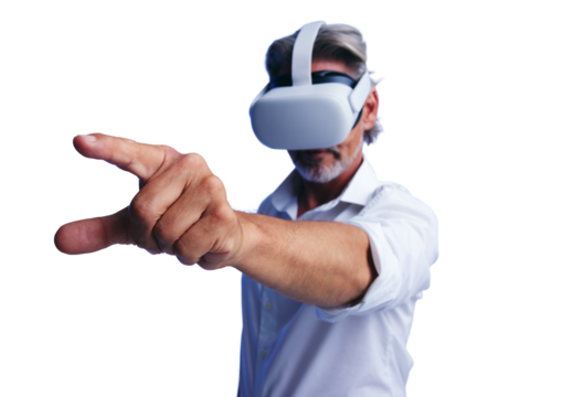 Businessman with a virtual reality headset isolated on a transparent background
