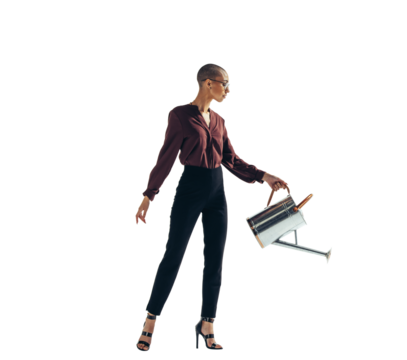 Business woman pouring water out of a water can on a transparent background