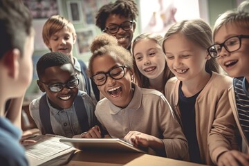 Group of multiethnic children studying together in class. Generative AI illustration.