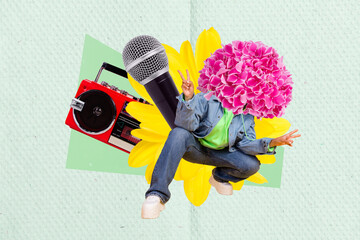 Vintage template collage of headless person fresh flowers show v-sign posing microphone boombox...