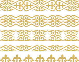 Set of vector gold seamless Kazakh national ornament. Ethnic pattern of the nomadic peoples of the great steppe, the Turks. Border, frame Mongols, Kyrgyz, Buryats, Kalmyks. Golden ornament of curls.