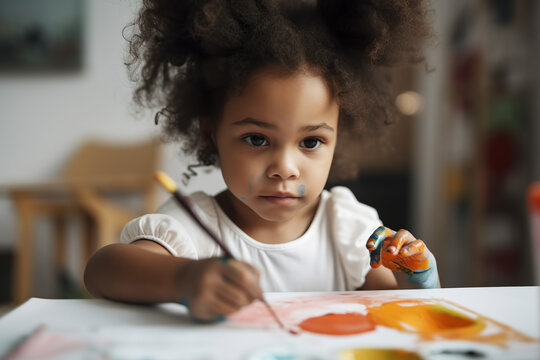 4 year old afro girl painting with his hands. Generative AI illustration.
