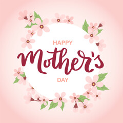 Mother s day banner with cherry blossom, greeting card template, vector illustration with hand drawn lettering