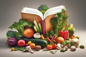 Levitation of open recipe book with fresh vegetables and fruits on white background, Cooking book ingredients, vegetarian diet flying food, AI Generative.