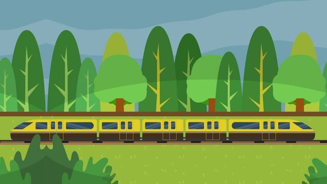 2D cartoon animation loop of  train with beautiful forest landscape background in 4K UHD 3840x2160