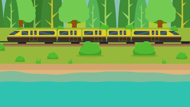 2D cartoon animation loop of  train with meadow and lake background in 4K UHD 3840x2160
