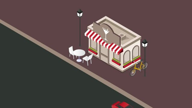 Car moving on the road with cafe building