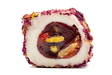 Turkish Delight with Pistachio. Turkish delight with rose petals isolated on white background.