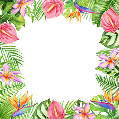 Fototapeta na wymiar Tropical flowers and leaves frame. Watercolor exotic floral wreath. illustration. Botanical palm leaves, monstera. Template for packaging, greeting cards, wedding invitation