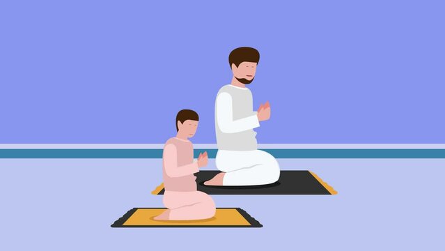 Religious Muslim father and son praying