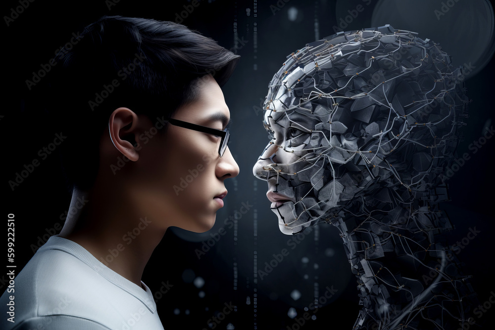Wall mural person looking at a robotic artificial intelligence version of themselves. deep fake. generative ai