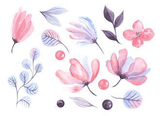 Abstract pink and violet transparent watercolor flowers leaves nice and beautiful. For print cards, invitation, wedding