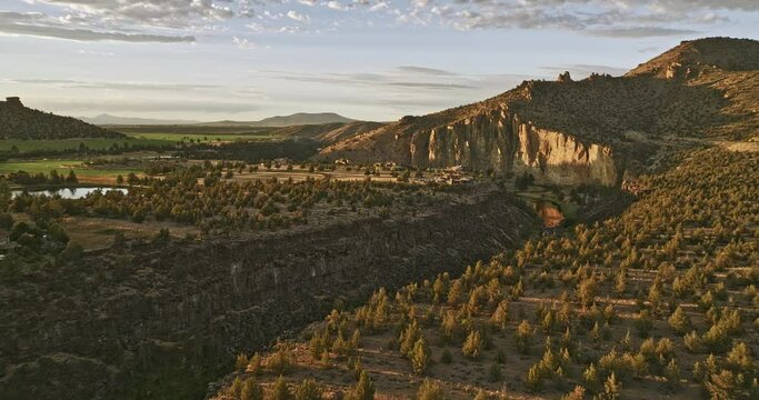 Terrebonne Oregon Aerial v58 flyover crooked river capturing scenic landscape of Sherwood canyon, vastness of farmlands with ranch mansions at sunset golden hour - Shot with Mavic 3 Cine - August 2022
