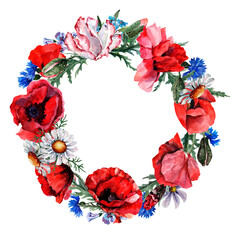 Summer wreath with blooming wildflowers. Red poppies, white daisies, blue cornflowers in a round floral frame. Place for text. Hand drawn watercolor illustration on white background for cards, print.