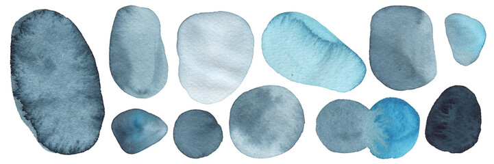 Set of abstract watercolor blue and navy blots smooth shape. Isolated on white background. Hand drawn. Textured background.