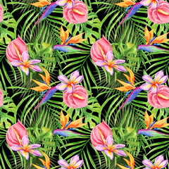 Fototapeta na wymiar Tropical flowers and leaves seamless pattern. Exotic floral background. Botanical endless backdrop. Digital paper, scrapbooking. Perfect for wrapping, packaging, fabric, textile