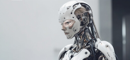 Obraz na płótnie Canvas Cyborg robot head with glowing eyes on light background. Blend of machine and man. Generative AI. High quality illustration
