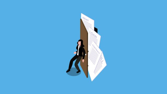 Frustrated woman try to close the door with full of debts and bills to pay