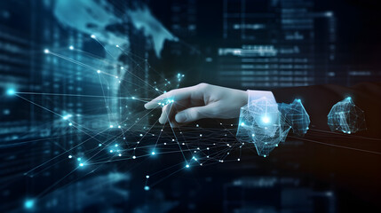 Fototapeta premium Digitals data stream with pointing hand. Bright, colorful background. Abstract digital network connection technology business. Network connections concept. Big data and cybersecurity. Generative AI