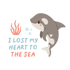 Sea life lettering quote decorated with cute cartoon doodles. Sea poster, print, card, kids apparel decor, sticker.