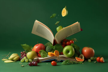 Levitation of open recipe book with fresh vegetables and fruits on green background, Cooking book ingredients, vegetarian diet flying food, AI Generative.