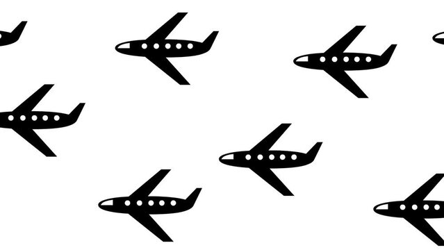Animated many black airplanes flying in the sky from right to left. Symbol of plane. Concept of travel. Looped video. Flat vector illustration on white background.