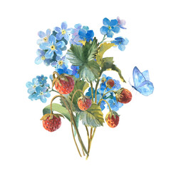 Watercolor illustration, bouquet of wildflowers and strawberries with a butterfly, forget-me-nots and strawberries isolated on a white background