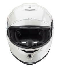 Modern motorcycle helmet made of white carbon fiber, with neck fixation and adjustable air intakes, with a open glass, isolated on a white background.