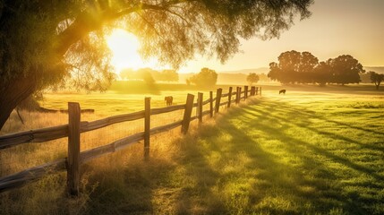 Golden Dawn at the Ranch: A Rustic Sunrise Landscape - obrazy, fototapety, plakaty