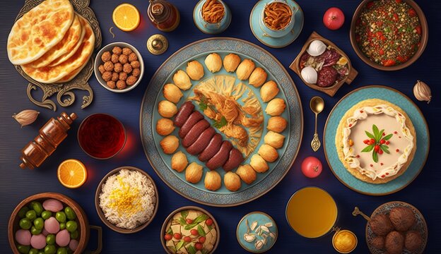 Arabic Cuisine: Middle Eastern Traditional Lunch. This is also Ramadan Iftar. View from above