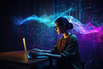 Woman working on laptop with colourful techno energy.  Generative Ai.
