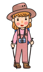 Set of cute cartoon women camping hiking