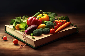 Levitation of open recipe book with fresh vegetables and fruits on wooden background, Cooking book ingredients, vegetarian diet flying food, AI Generative.