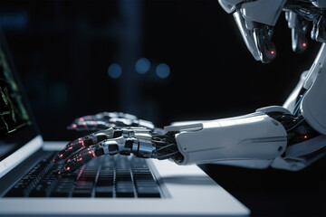 AI android robot hands writing text on laptop. 