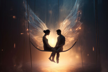 2 soulmates with angelic wings sitting on an ethereal swing surrounded by spiritual energy, waiting to be born again and excited to find each other yet again. Generative Ai.