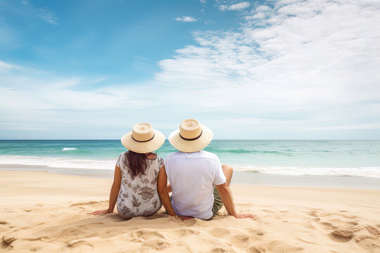 a couple sitting on a beach. sweet couple happy relax enjoy love and romantic moment