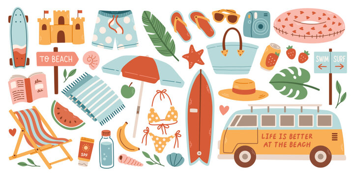 Cute Summer Stickers Set For Daily Planner. Collection Of Scrapbooking Elements For Beach Party. Tropical Vacation.