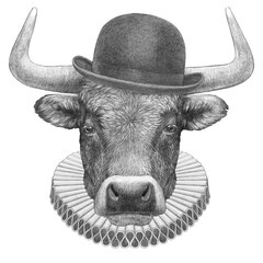 Portrat of Bull with Elizabethan Collar and Bowler Hat. Hand-drawn illustration