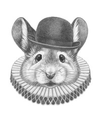Portrat of Mouse with Elizabethan Collar and Bowler Hat. Hand-drawn illustration