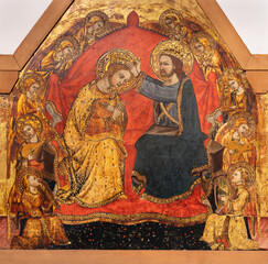 NAPLES, ITALY - APRIL 24, 2023: The medieval painting of Coronation of Virgin Mary in the church Chiesa di San Pietro Martire by unknown artist. 