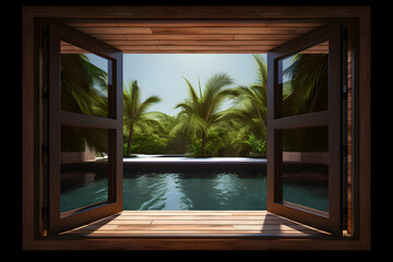Window view of tropical garden with swimming pool, Generative AI 2