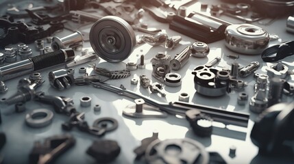 Auto repair shop disassembled engine parts, car repair, engine parts - obrazy, fototapety, plakaty