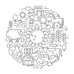 Vector concept with different agricultural symbols arranged in a circle. Organic products flyer.
