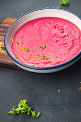 cream soup beetroot beets, leeks, potatoes first course healthy meal food snack on the table copy space food background rustic top view keto or paleo diet veggie vegan or vegetarian food
